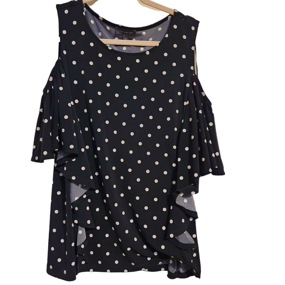 Navy Poka Dot The Limited Cold Shoulder Top Size L - Picture 3 of 6